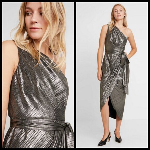 💕TED BAKER💕 Gabria One Shoulder Drape Midi Dress ~ Metallic Gold US 12 NWT - Picture 8 of 16